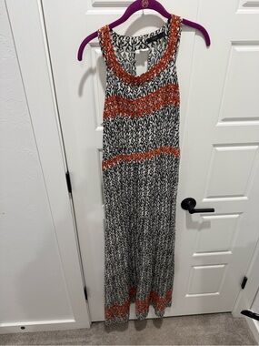 THML Black & White Maxi Dress with Rust Trim and cardigan